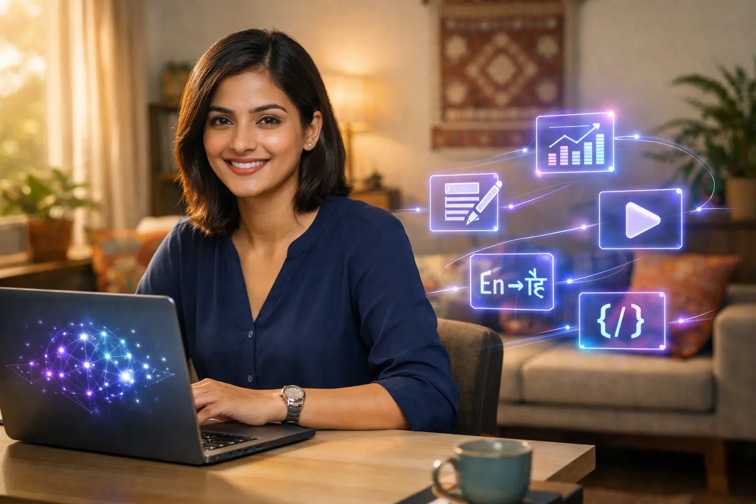 Indian professional working from home using AI tools for remote jobs, showing laptop with AI interface and earning potential