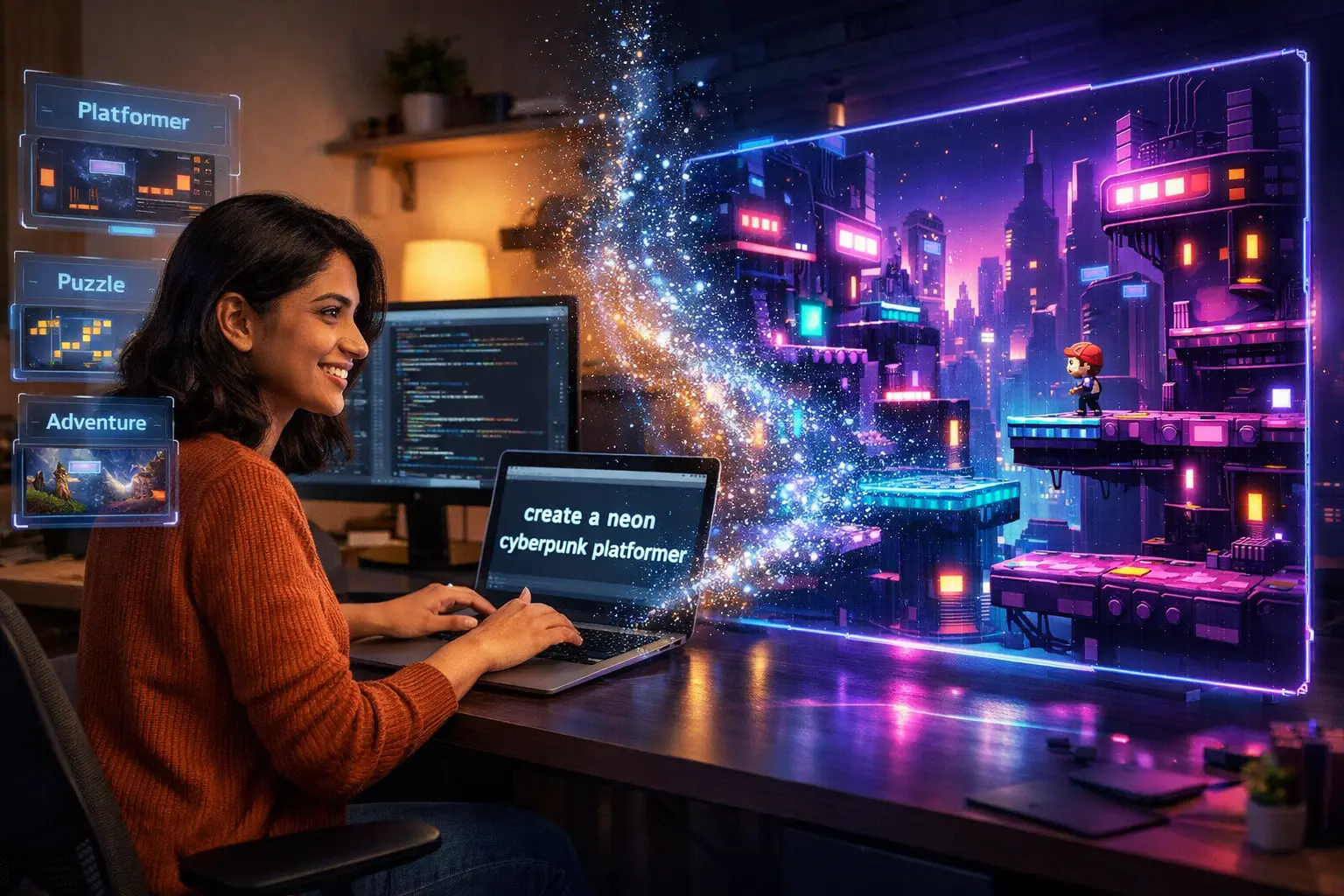 Google Project Genie AI generates infinite playable 2D game worlds from text prompts, showing transformation from text to interactive gaming environment