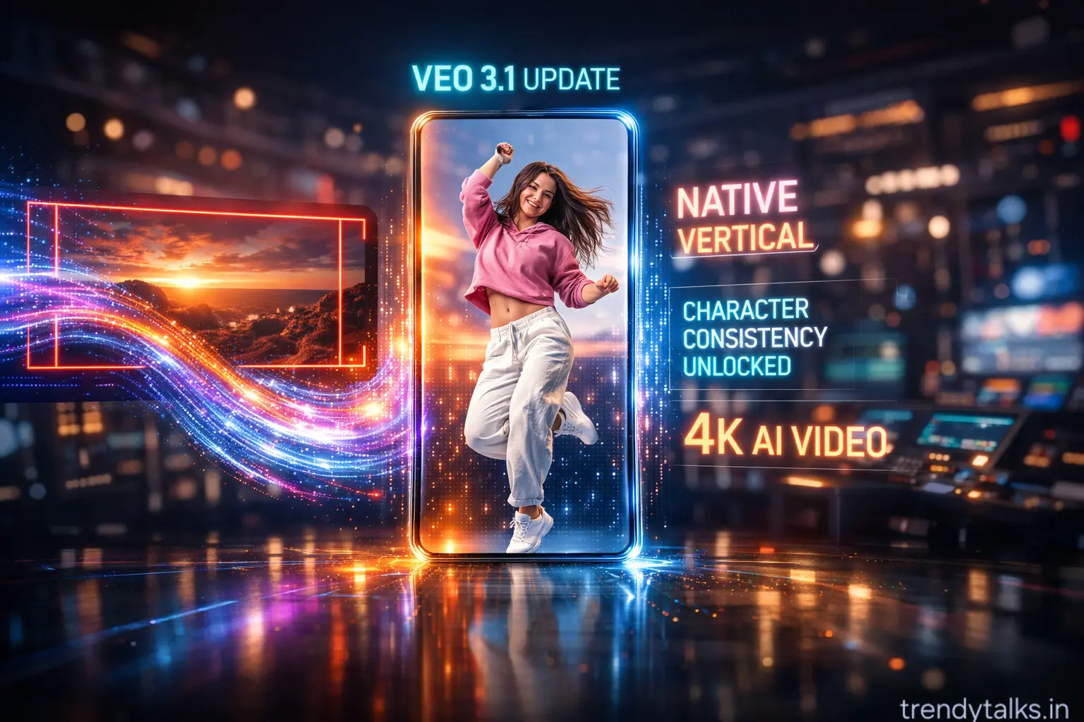 Google Veo 3.1 update graphic illustrating Native Vertical video, 4K AI Video, and Character Consistency features.
