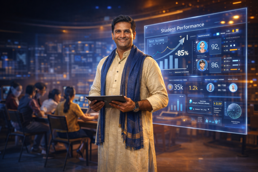 ndian teacher leading AI-powered smart classroom in 2026 with holographic dashboards, students using tablets, futuristic education technology concept representing AI-assisted learning and coaching growth.