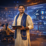 ndian teacher leading AI-powered smart classroom in 2026 with holographic dashboards, students using tablets, futuristic education technology concept representing AI-assisted learning and coaching growth.