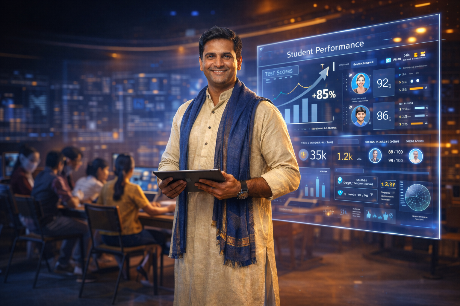 ndian teacher leading AI-powered smart classroom in 2026 with holographic dashboards, students using tablets, futuristic education technology concept representing AI-assisted learning and coaching growth.