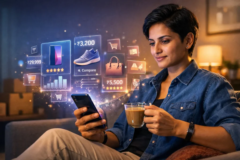 AI shopping assistant helping Indian user compare online products on smartphone in 2026