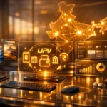 A futuristic digital workspace with holographic UPI icons and Notion dashboards, representing the 2026 digital product creator economy in India.