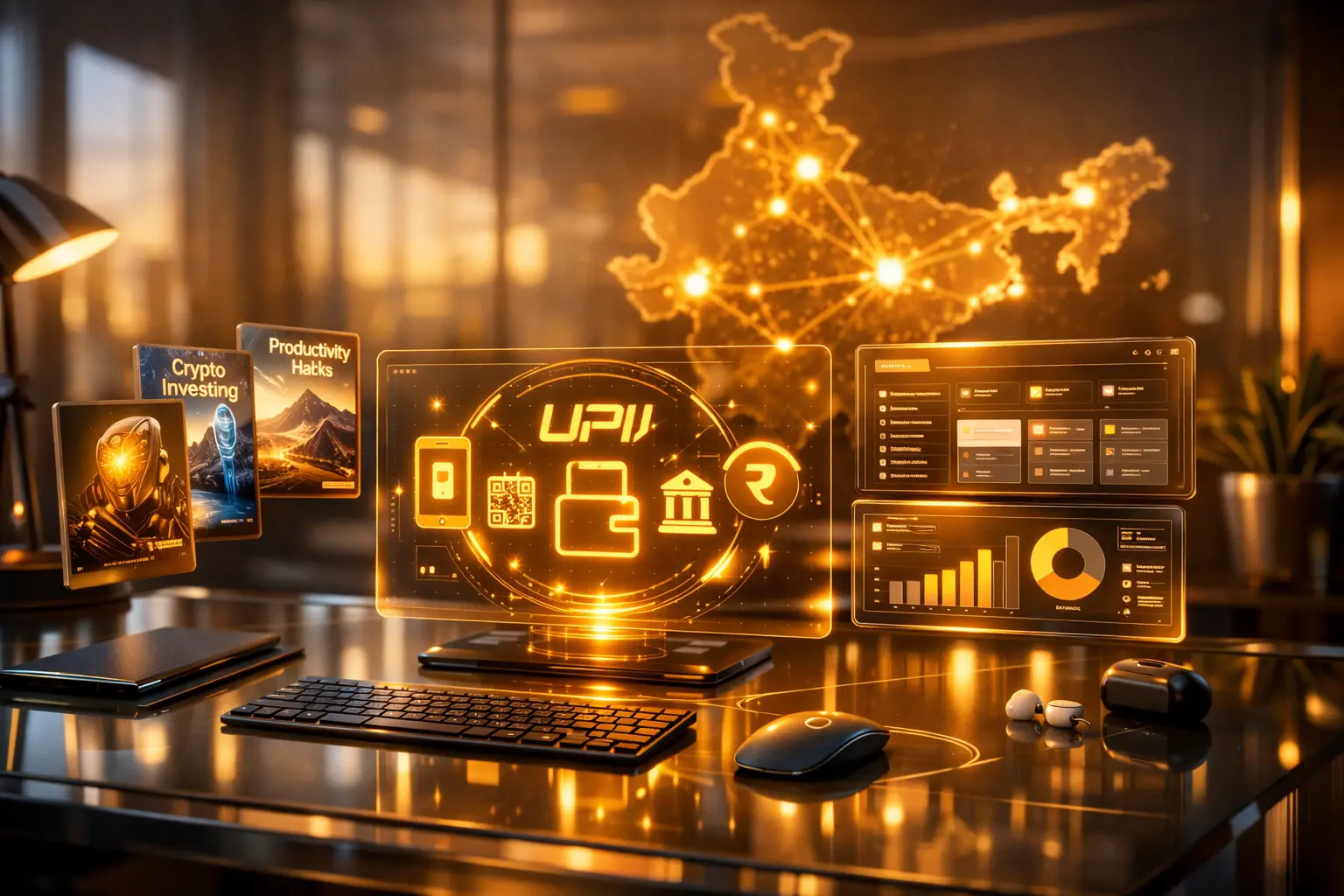 A futuristic digital workspace with holographic UPI icons and Notion dashboards, representing the 2026 digital product creator economy in India.