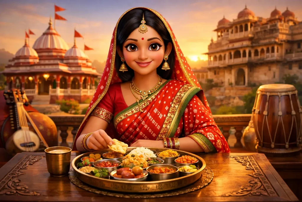 Woman in Karauli traditional dress with Kaila Devi Temple background in a ChatGPT viral caricature style.