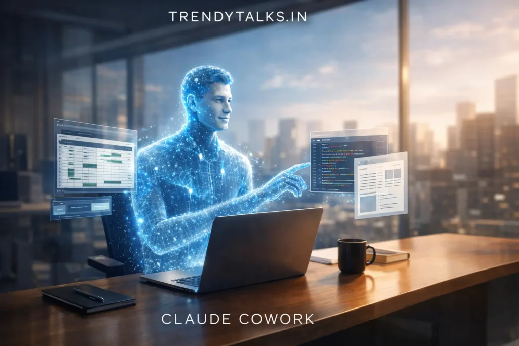 A holographic representation of Claude Cowork AI interacting with local files and business data in a modern office setting.