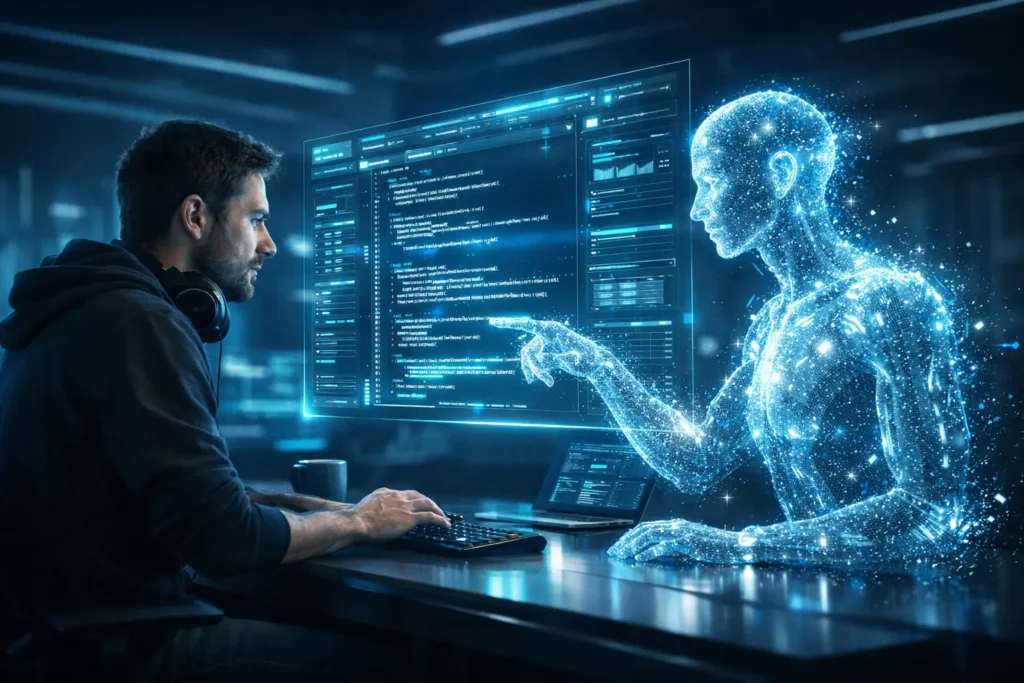 AI coding agent hologram assisting human developer in futuristic workspace.