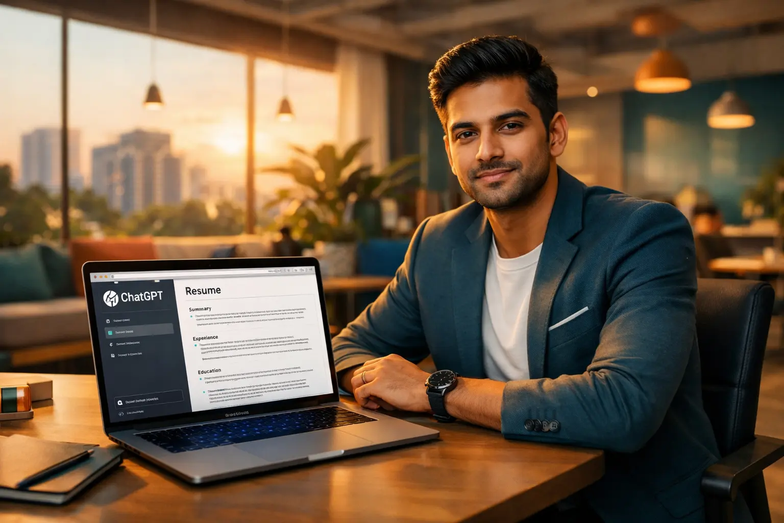 Indian job seeker using ChatGPT prompts on laptop in modern Bengaluru office to land high-paying role in February 2026.