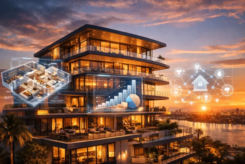 A luxury modern villa with a digital overlay showing price trends, floor plans, and AI-driven investment analytics.