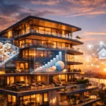 A luxury modern villa with a digital overlay showing price trends, floor plans, and AI-driven investment analytics.