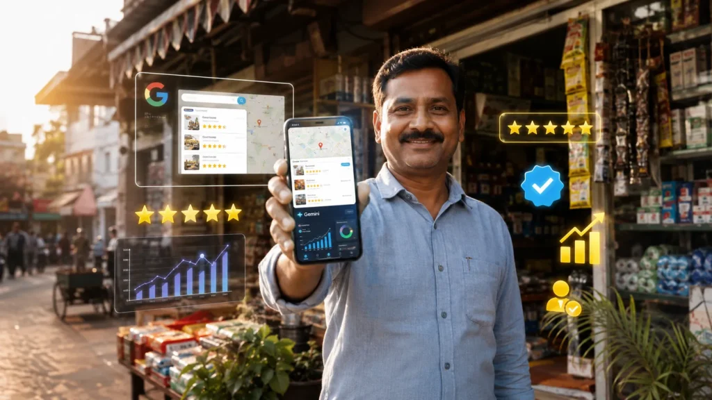 स्थानीय भारतीय दुकानदार स्मार्टफोन पर Google Business Profile और Gemini AI ऑप्टिमाइज करते हुए 2026