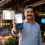 स्थानीय भारतीय दुकानदार स्मार्टफोन पर Google Business Profile और Gemini AI ऑप्टिमाइज करते हुए 2026