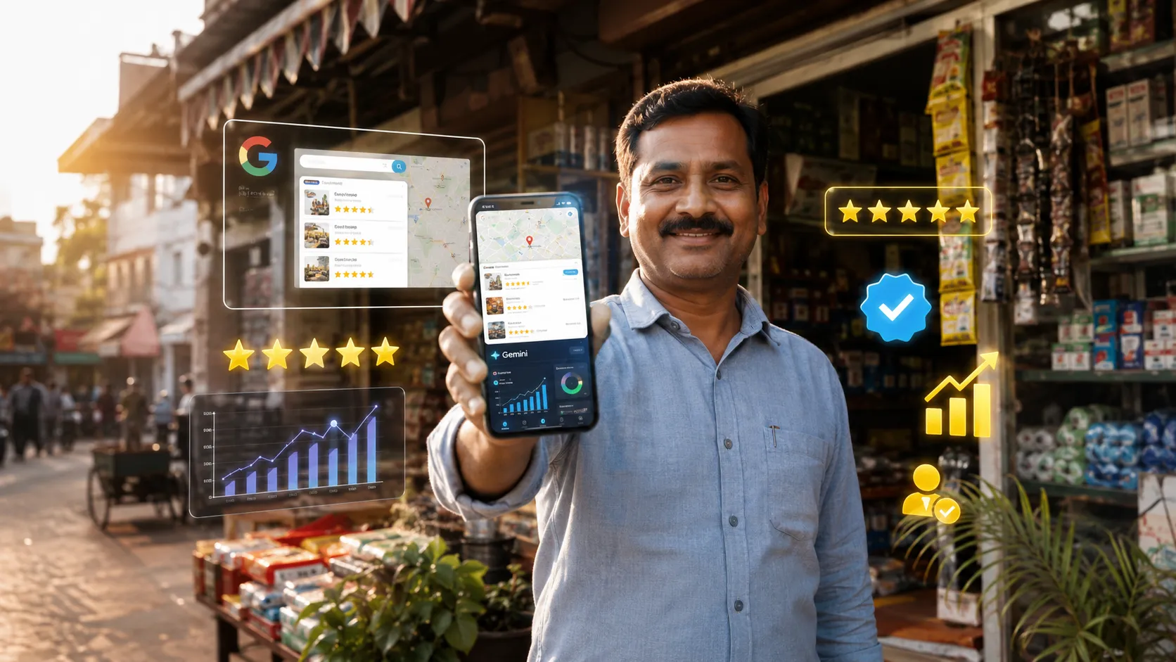 स्थानीय भारतीय दुकानदार स्मार्टफोन पर Google Business Profile और Gemini AI ऑप्टिमाइज करते हुए 2026
