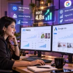 Digital marketing specialist writing high-converting ad copy with 50 Premium Advertisement Prompt Bundle 2026